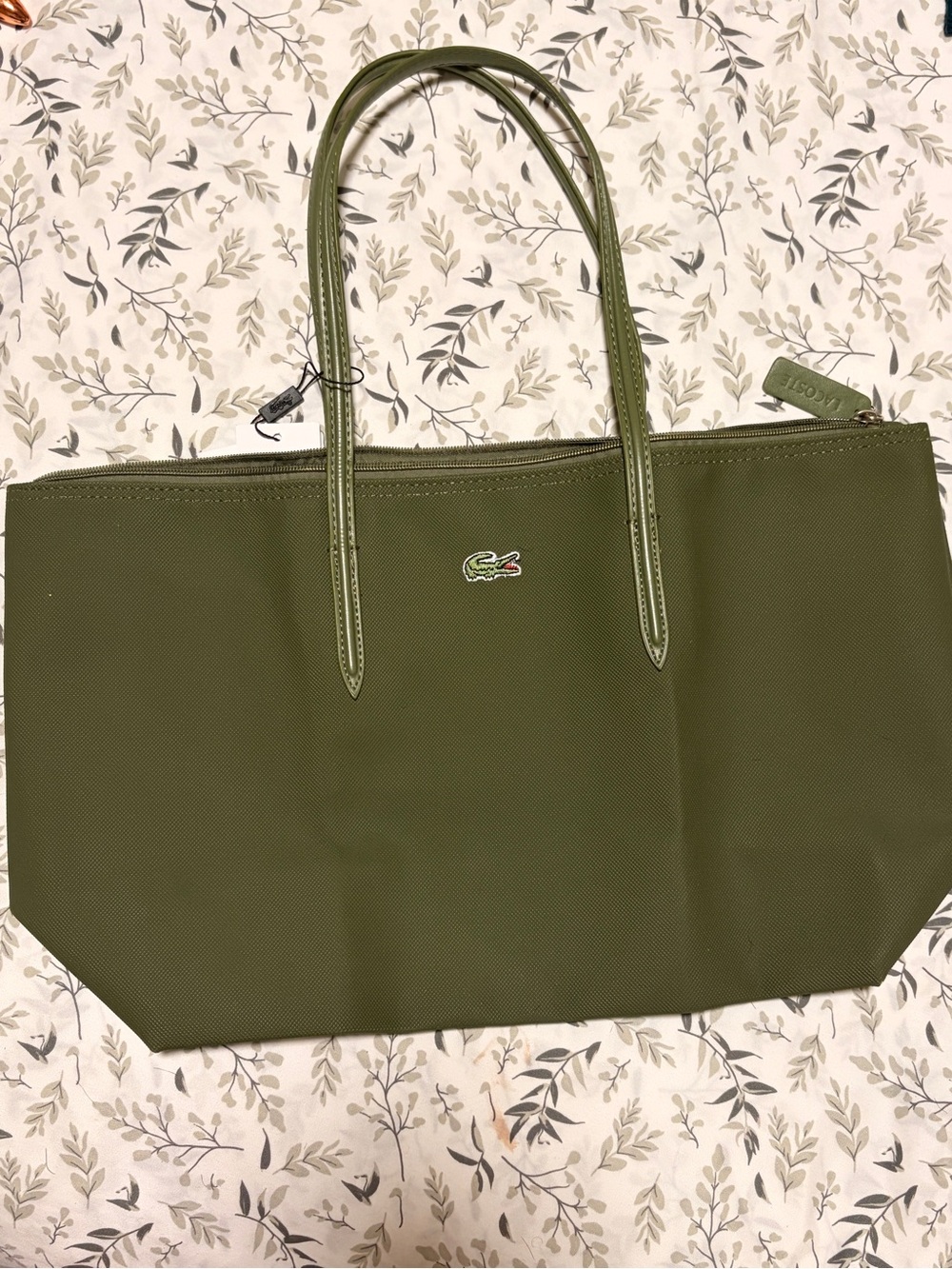 Lacoste Olive Green Structured Tote with Croc Logo